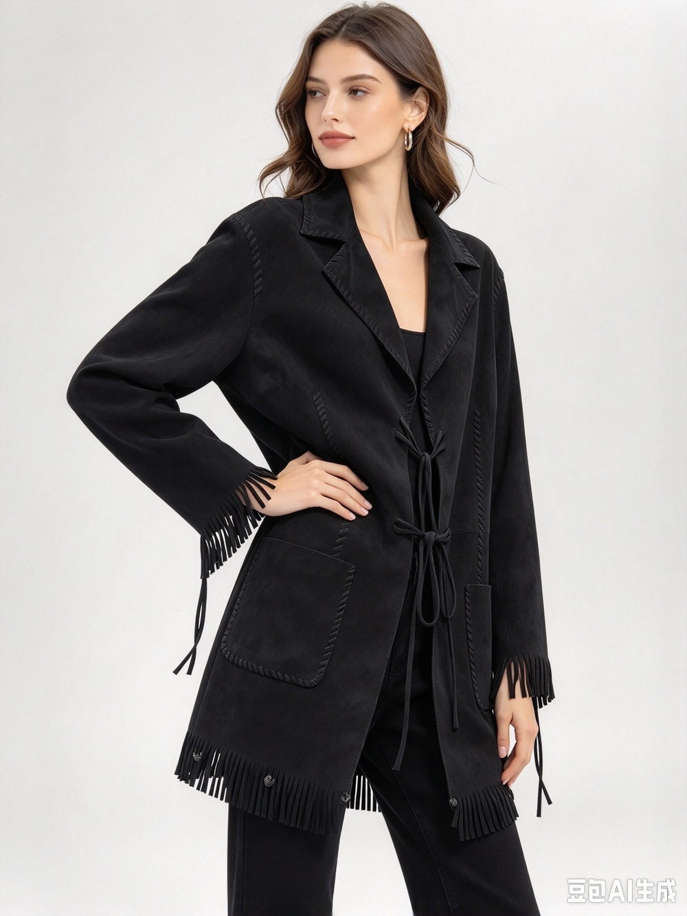 Nigel Preston Black Suede Fringe Tie-Front Jacket - Picture 3 of 10